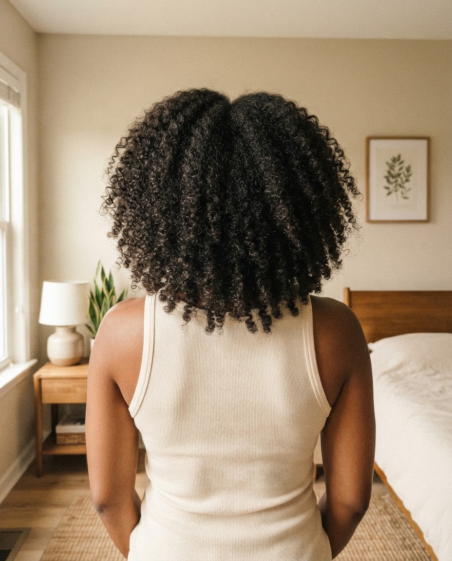 Client photo sent by text: back view showing dense natural coily hair at mid-back length