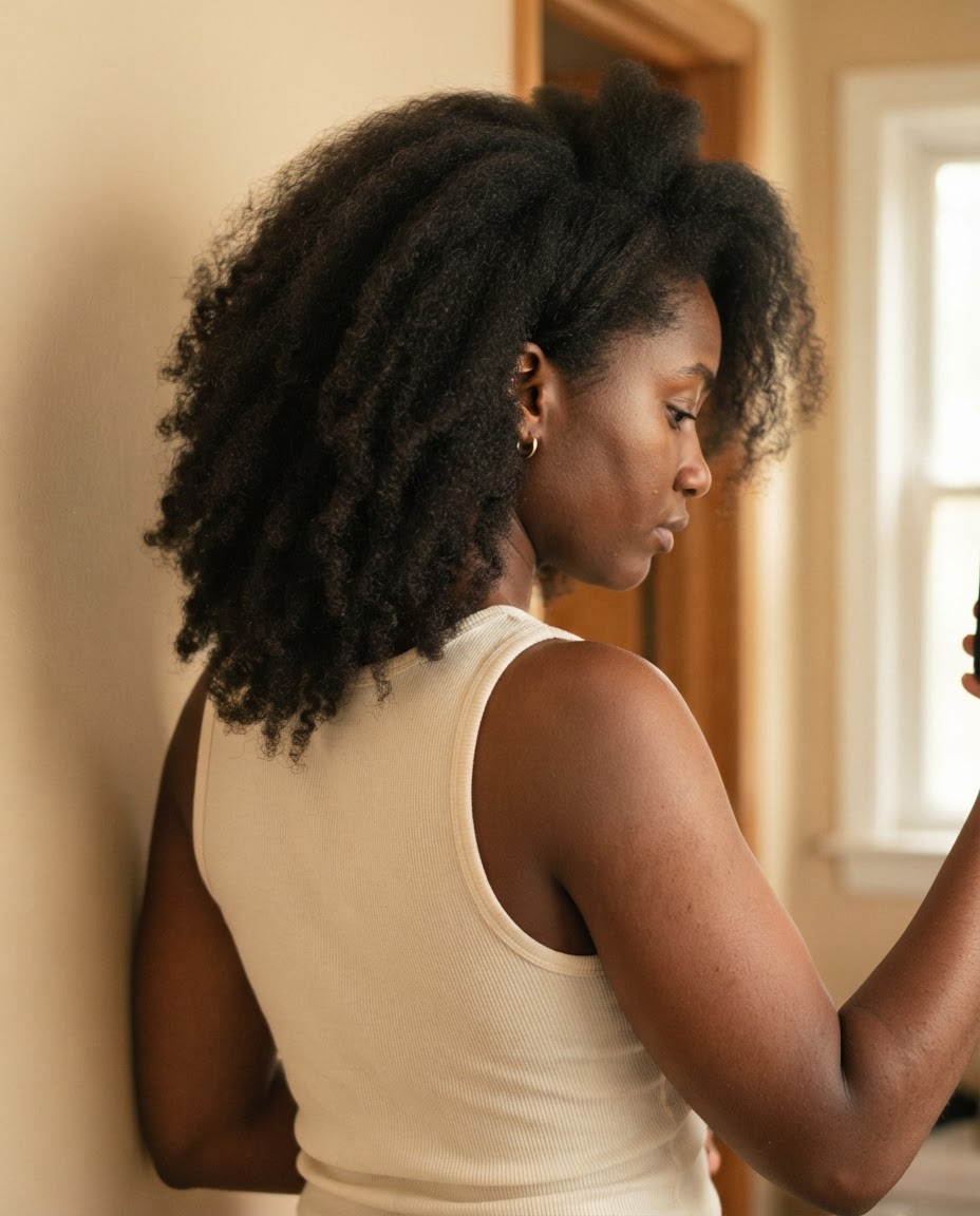 Client photo sent by text: three-quarter side view showing hair density at the side and nape